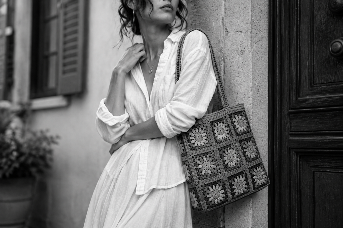 modella indossa con stile una borsa granny square bag mattonelle