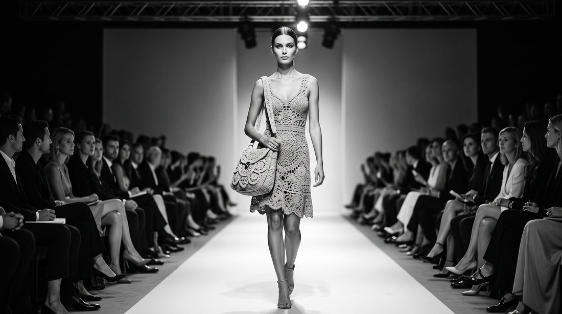 Modella sfila con borsa fatta a mano all uncinetto