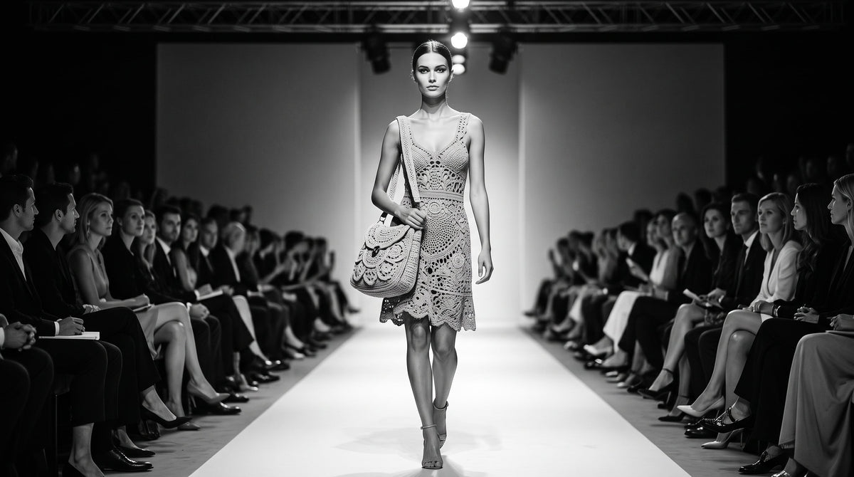Modella sfila con borsa fatta a mano all uncinetto