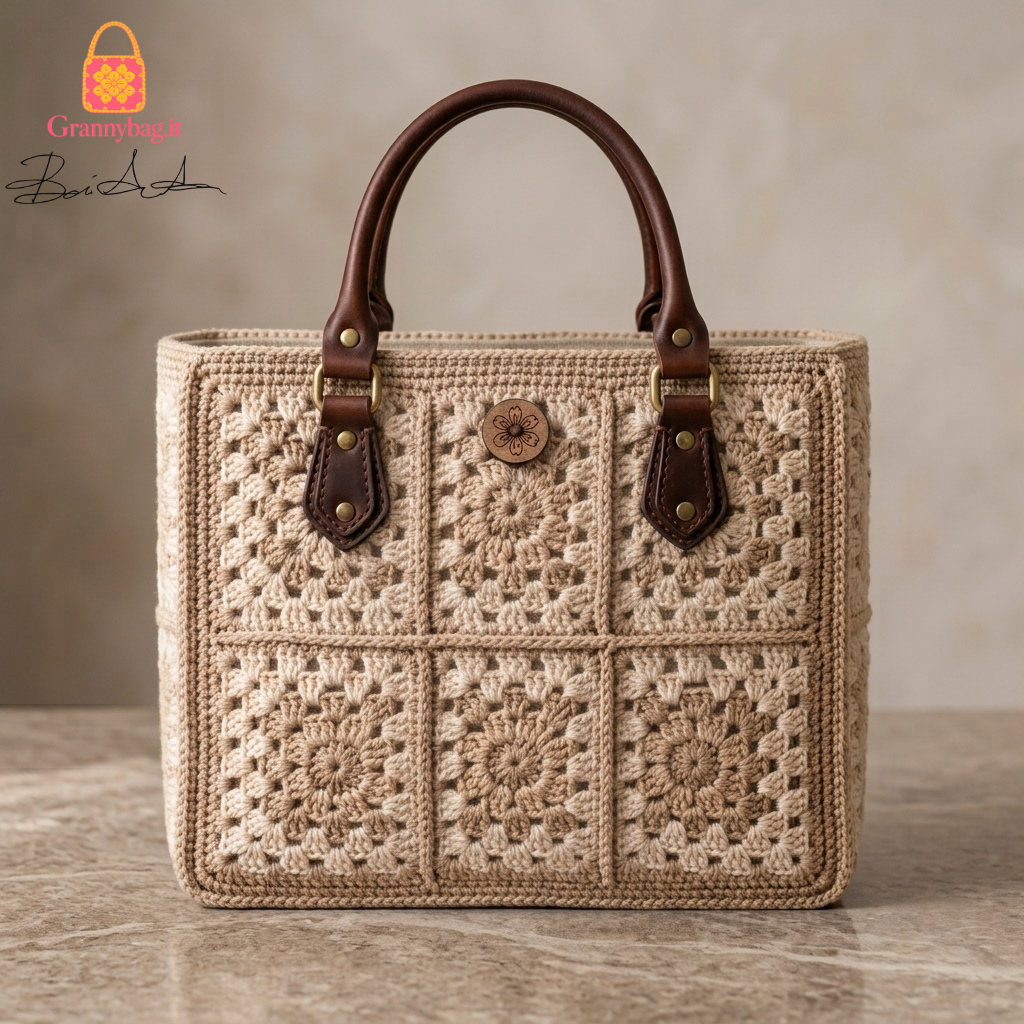 Kit DIY Granny Bag all’uncinetto panna e beige con manici in pelle marrone, borsa granny square fatta a mano