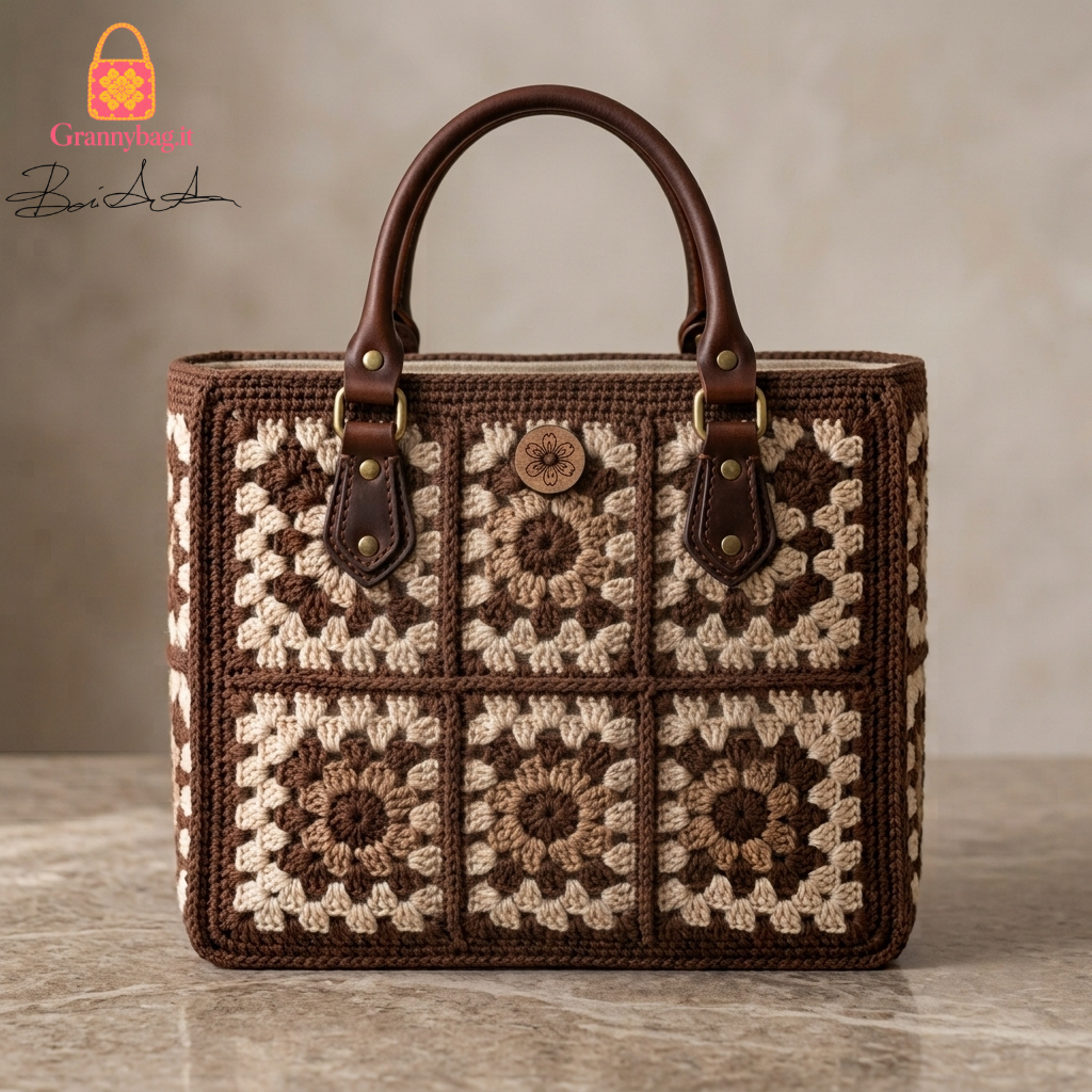 Kit DIY per realizzare una borsa granny all’uncinetto nei colori cioccolato e panna, con motivo granny square floreale e manici in similpelle marrone