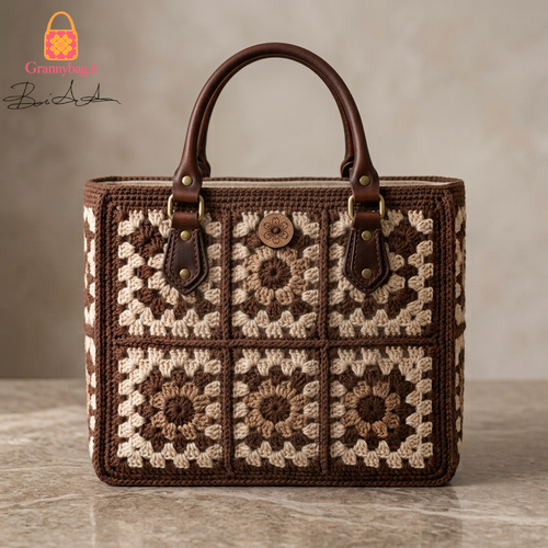 Kit DIY per realizzare una borsa granny all’uncinetto nei colori cioccolato e panna, con motivo granny square floreale e manici in similpelle marrone