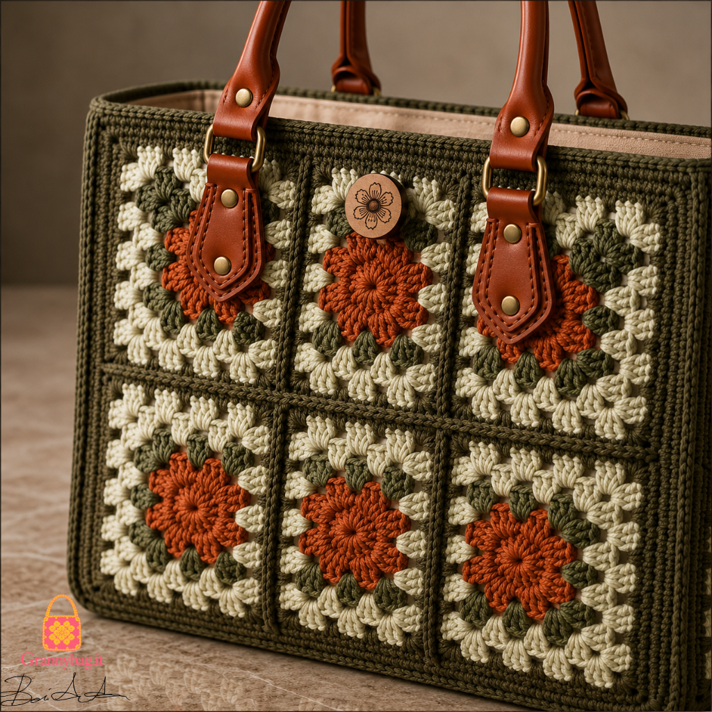 Dettaglio ravvicinato dei manici rinforzati, del bottone in legno floreale e delle mattonelle granny square della borsa The Heritage Tote
