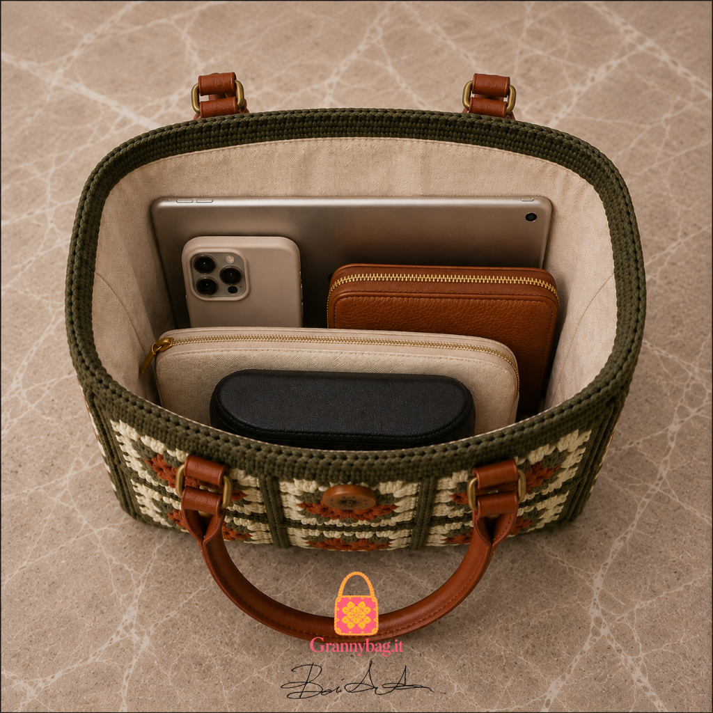 Vista interna della borsa tote granny square all uncinetto con fodera chiara, capiente per tablet, smartphone, portafoglio maxi e accessori
