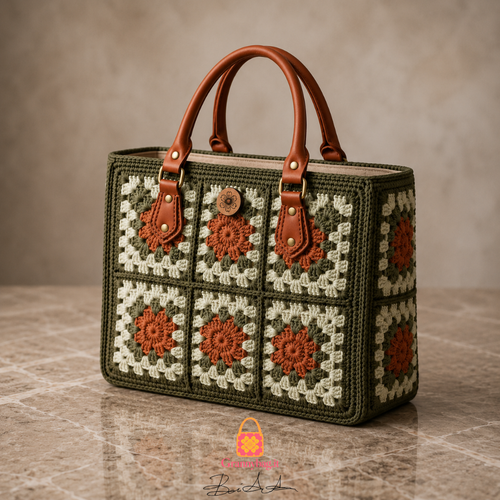 Vista di tre quarti della borsa granny square all uncinetto verde oliva e terracotta strutturata con manici rifiniti