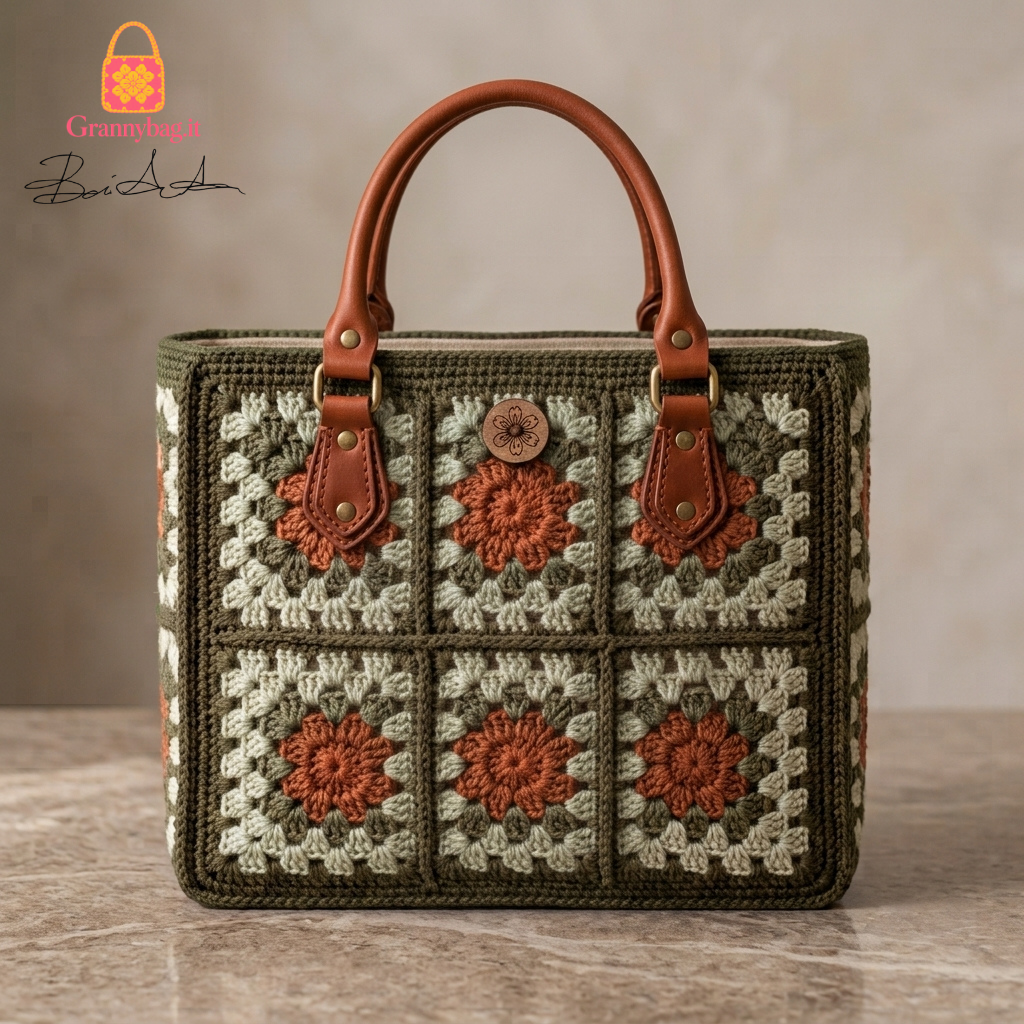 Borsa granny square all uncinetto strutturata foderata verde salvia e terracotta The Heritage Tote fatta a mano