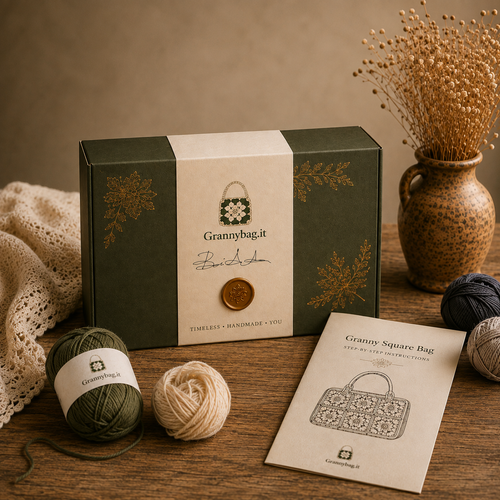 Kit fai da te completo per creare borsa granny square all uncinetto The Heritage DIY Box con filato in cotone e schema